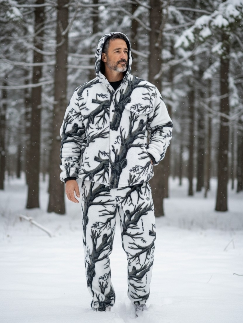 Men's Black and White Fleece Hoodie and Pants Set with Tree Camouflage Pattern